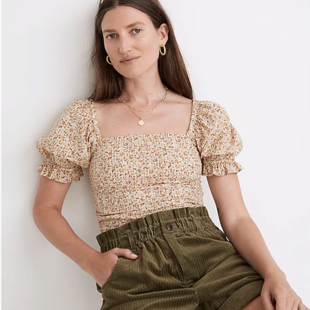 Madewell Hopewell Puff-Sleeve Crop Top in Cottage Garden Smocked Perfet For Fall